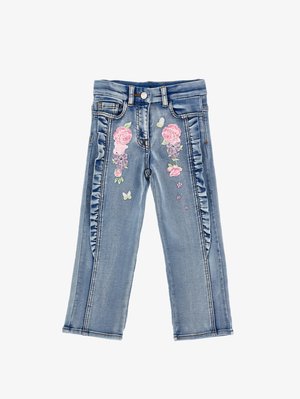 Vaaleansiniset denimmit, joissa on vaaleanpunaisia ja purppuranvärisiä kukkaisia kirjailuja, pieniä perhosia ja röyhelöityjä sivupaneeleja.