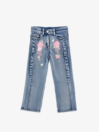 Ανοιχτό μπλε τζιν παντελόνι με ροζ και μοβ λουλουδένινη κεντητή διακόσμηση, μικρές πεταλούδες και βολάν στις πλαϊνές ραφές.