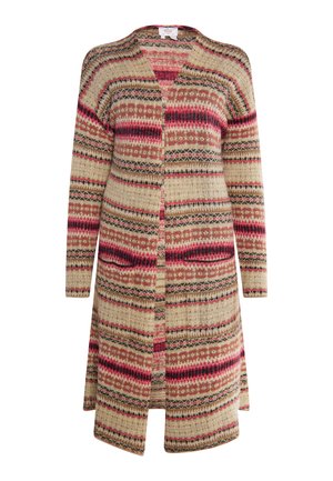 Cardigan lungo beige con motivi multicolori, caratterizzato da strisce rosse, blu scuro e crema. Design aperto davanti con maniche lunghe e tasche.