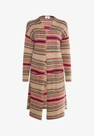 Langer Cardigan in Beige mit mehrfarbigen Mustern, der rote, dunkelblaue und cremefarbene Streifen enthält. Offenes Frontdesign mit langen Ärmeln und Taschen.