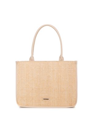Borsa rettangolare beige con texture, dotata di due manici e una piccola placca logo metallica al centro frontale.
