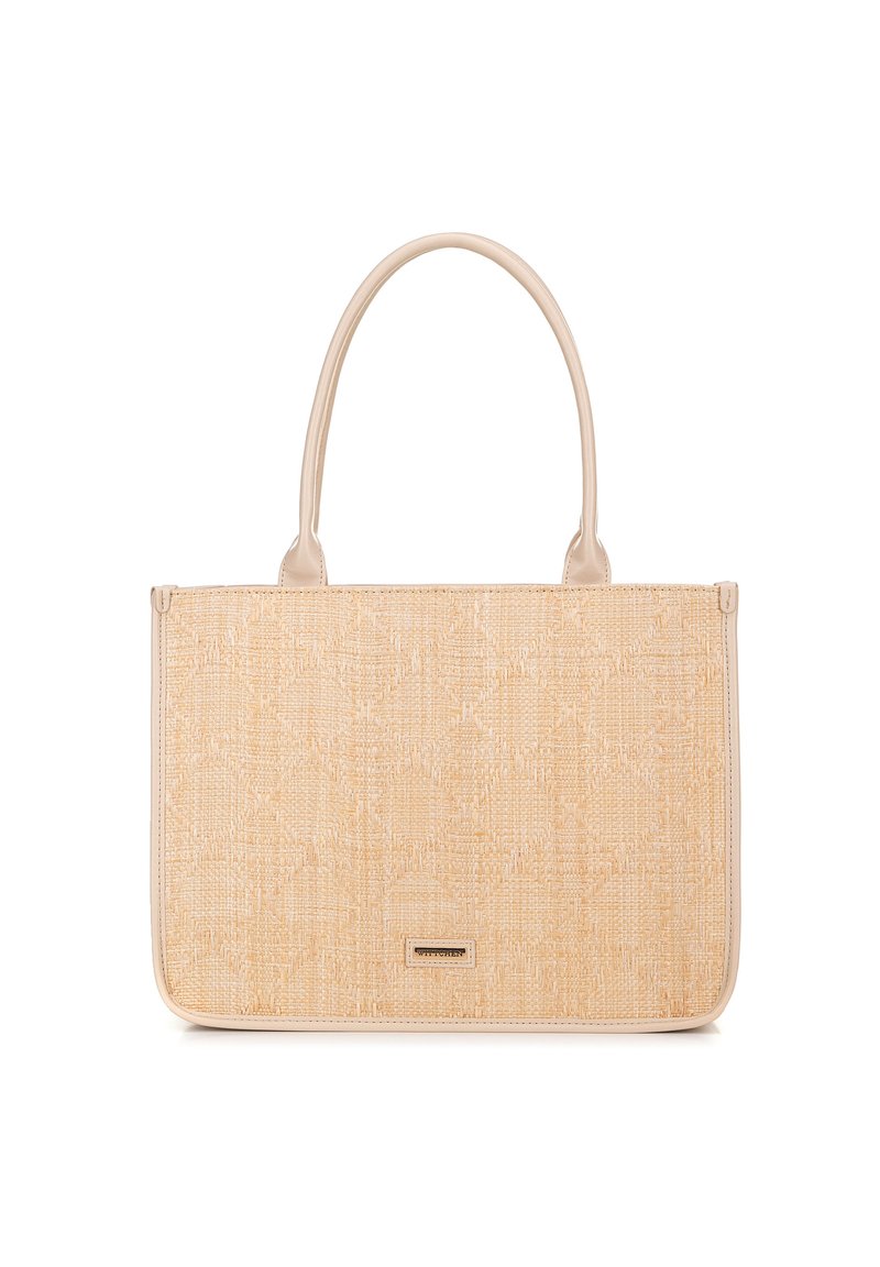Borsa rettangolare beige con texture, dotata di due manici e una piccola placca logo metallica al centro frontale.