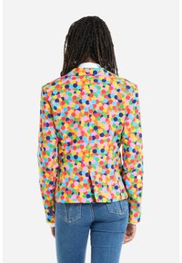 Multicolored blazer featuring a polka dot pattern in shades of pink, blue, green, and yellow with a tailored fit and notch lapel design.