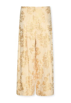 Beige Hosen mit weitem Bein, hoher Taille und goldenem Blumenmuster, ausgestattet mit einer vorderen Knopfleiste und Schlitzdetail.