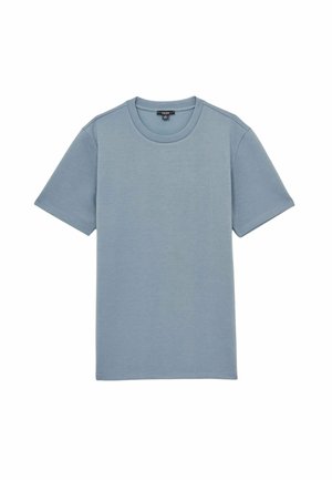 Tricou scurt cu mânecă scurtă de culoare albastru deschis, dintr-un material moale, având un decolteu rotund și un design simplu, fără ornamente.