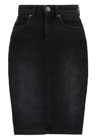 Svart denimpennkjol med hög midja, framknappsstängning, fem fickor och subtila blekningdetaljer.