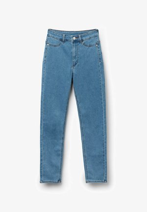 Lichtblauwe denim jeans met een hoge taille, recht gesneden pijpen, voorkzakken en een knoopsluiting. Kenmerkende steken langs de naden.