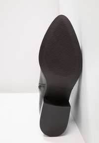 Chaussure en cuir noir avec un bout pointu et une semelle en caoutchouc texturée. Le talon est fin et des détails de couture sont visibles sur la tige.