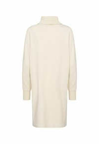 Vestido de suéter color crema con un alto cuello acanalado. Presenta mangas largas y anchas con puños acanalados. Textura suave y diseño hasta la rodilla.