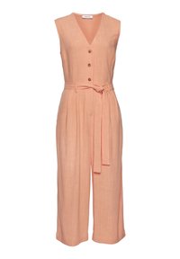 Perzikkleurige linnen jumpsuit met een V-hals, zonder mouwen, voor knopen en een ceintuur in de taille. Heeft wijde broekspijpen en een zachte textuur.