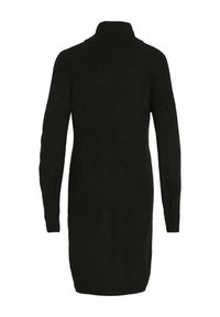 Abito nero a maglia con colletto alto, maniche lunghe e texture a coste. Presenta un taglio al ginocchio e una silhouette aderente.