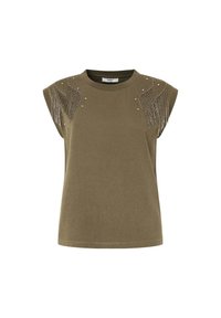 Alyvuogių žalia trumpomis rankovėmis T-shirt su papuošta kutai ir blizgučiais peties detalėmis, medvilnės medžiaga, laisvas prigludimas, apvalus iškirpimas.