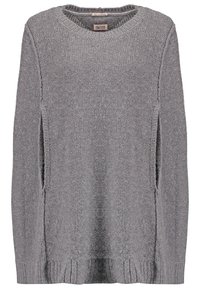 Grå stickad tröja med rund halsringning, sidoflikar, ribbade ärmslut och fåll. Texturerat tyg med en lös passform.