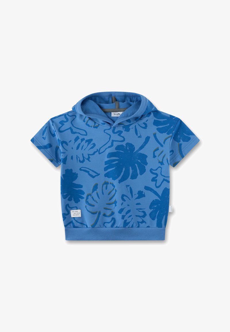 Blue short-sleeve hoodie with a textured floral pattern in darker blue. Features a lined hood and a fitted hem. Tag on the lower left side.