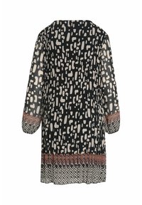 Blouse noire légère avec un motif abstrait crème, un design plissé et des poignets à motif avec des accents géométriques en rouille et beige.