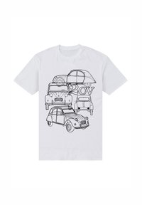 Hvid t-shirt med sorte linjetegninger af flere Citroën 2CV biler i forskellige orienteringer, der viser bilens karakteristiske former og træk.