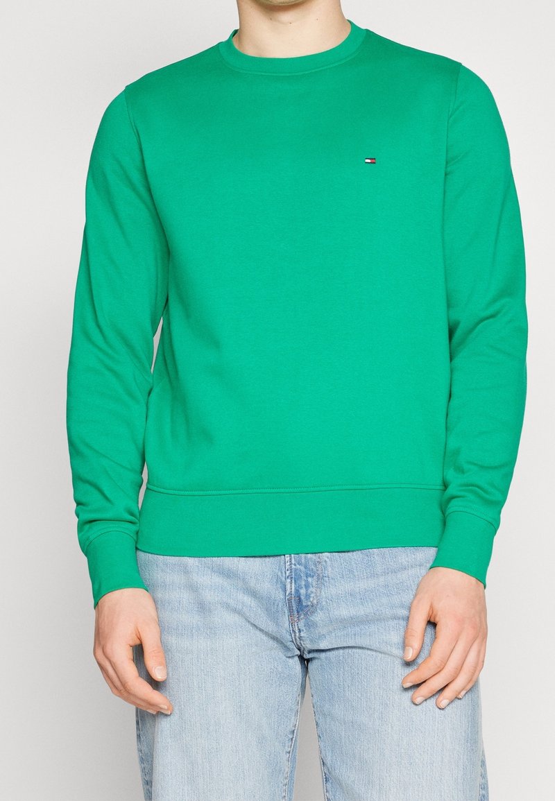Felpa verde in cotone, con scollatura rotonda, maniche lunghe e un piccolo logo rosso, bianco e blu sul petto.