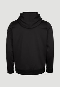 Zwarte hoodie met een capuchon, elastische manchetten en tailleband. Heeft een gladde, matte textuur met een strak, minimalistisch ontwerp. Geen zichtbare logo's.