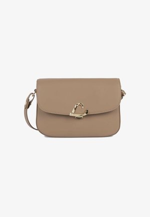 Sac bandoulière en cuir beige avec rabat avant et fermoir doré en forme de cœur, sangle réglable et finition lisse.