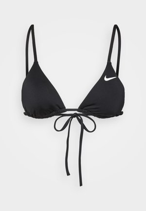 Haut de bikini triangulaire noir en tissu doux, avec des bretelles réglables et un lien central, portant un petit logo Nike blanc sur un côté.