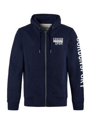 Navy blue zip-up hoodie with front pockets, adjustable drawstring hood, and white "CORDON ATHLETICS SPORT" text on chest and sleeve.