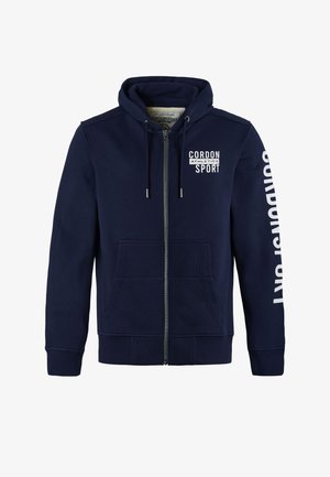 Navy blue zip-up hoodie with front pockets, adjustable drawstring hood, and white "CORDON ATHLETICS SPORT" text on chest and sleeve.