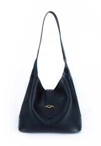 Black leather handbag with a soft, slouchy design. Features a flat strap and a central closure adorned with a gold accent.