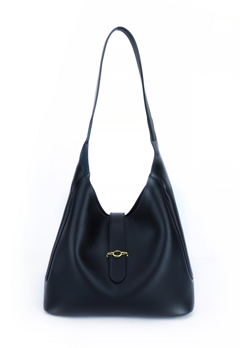 Black leather handbag with a soft, slouchy design. Features a flat strap and a central closure adorned with a gold accent.