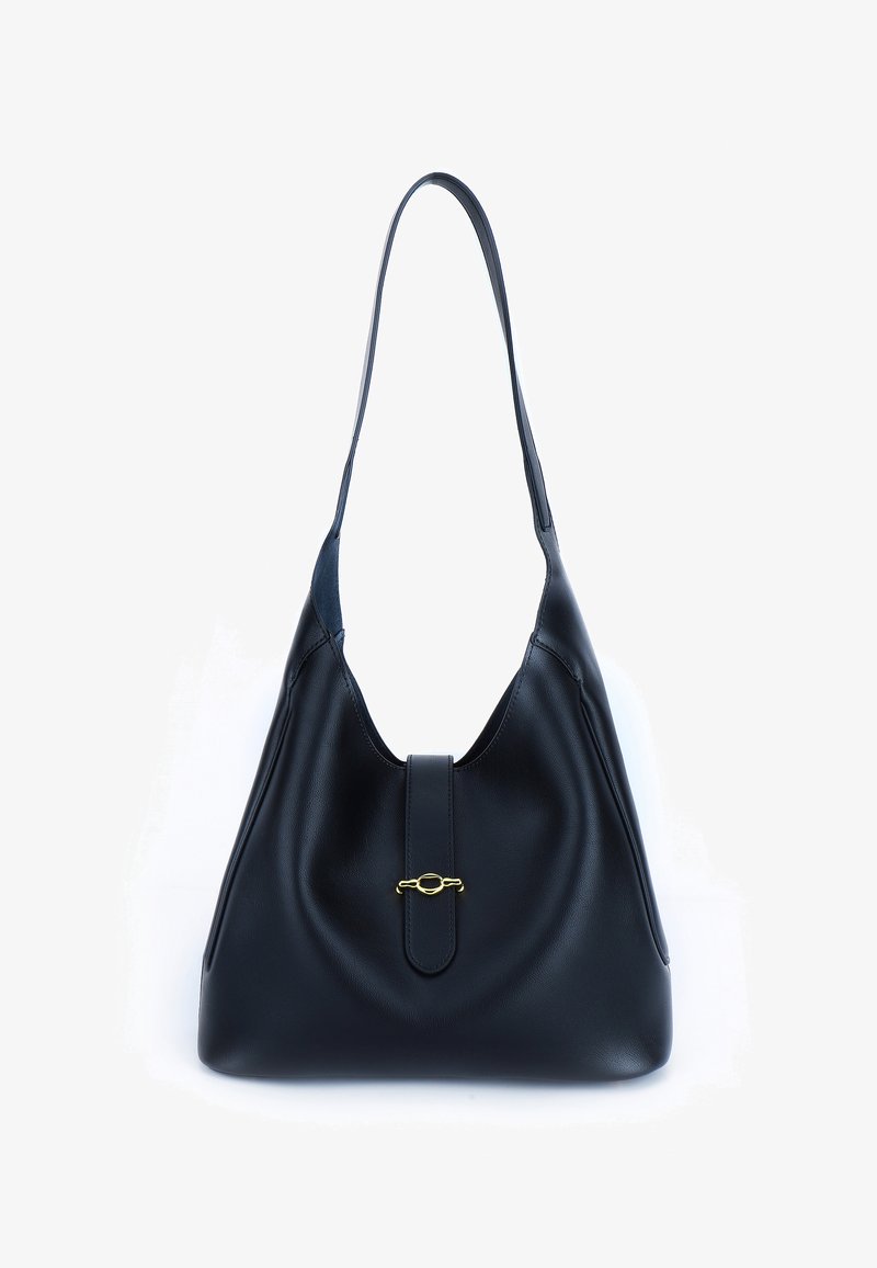 Black leather handbag with a soft, slouchy design. Features a flat strap and a central closure adorned with a gold accent.