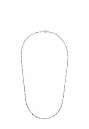 Ohut hopeinen kierretty köysiketjukaulakoru, jossa on jousisormuslukko, asetettuna vaakasuoraan valkoiselle taustalle.