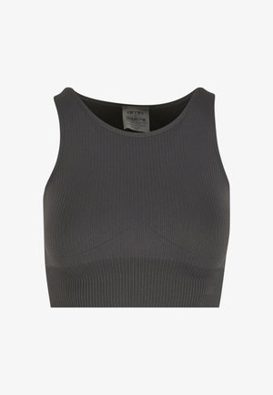 Sport bra grigio a coste con scollatura rotonda, tessuto strutturato e un elastico nella parte inferiore, con dettagli cuciti nella parte frontale.