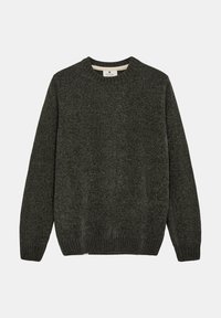 Maglione a maglia di un verde scuro con scollatura rotonda, polsini e orlo a coste. Realizzato in un materiale testurizzato e caldo, adatto per un abbigliamento casual.