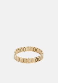 Bracelet en métal doré au design flexible, composé de maillons rectangulaires alternés. Accents texturés et détail de fermoir minimal.