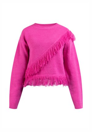 Pull en fuchsia avec un col rond, des manches longues et des franges diagonales sur le devant et l'ourlet inférieur. Matière en maille douce.