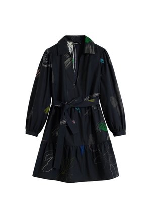 Black dress with long sleeves, collared neckline, and tie belt. Features colorful abstract floral patterns and a tiered skirt design.
