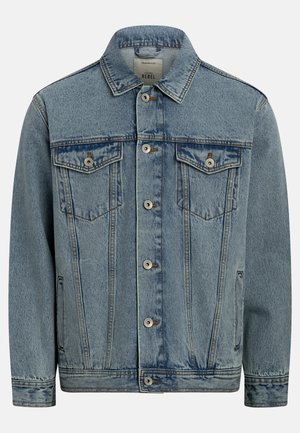 Jachetă din denim albastru, cu nasturi în față, două buzunare cu clapetă și nasturi la piept, buzunare laterale și guler ascuțit.