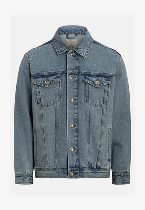 Modrá rifľová bunda s gombíkovým zapínaním vpredu, dvoma náprsnými vreckami so zátvorkami a gombíkmi, bočnými vreckami a špicatým golierom.