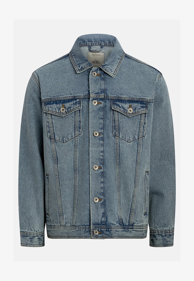 Μπλε τζιν μπουφάν με κουμπιά μπροστά, δύο μπροστινές τσέπες με καπάκια και κουμπιά, πλαϊνές τσέπες και μυτερό γιακά.