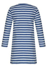 Šaty s dlouhým rukávem, s modro-bílými vodorovnými pruhy, vyrobené z měkkého materiálu, s kulatým výstřihem a volným střihem.