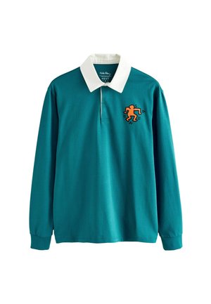 Tyrkysová polo košeľa s dlhým rukávom a bielym golierom, s oranžovou grafickou potlačou postavy na ľavej hrudi. Mäkkučký bavlnený materiál.