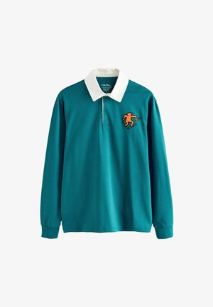 Tyrkysová polo košeľa s dlhým rukávom a bielym golierom, s oranžovou grafickou potlačou postavy na ľavej hrudi. Mäkkučký bavlnený materiál.