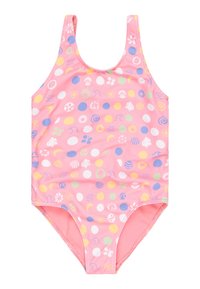 Roze badpak met meerkleurige cirkel- en bloemenpatronen. Heeft brede bandjes en een gladde, rekbare stof.