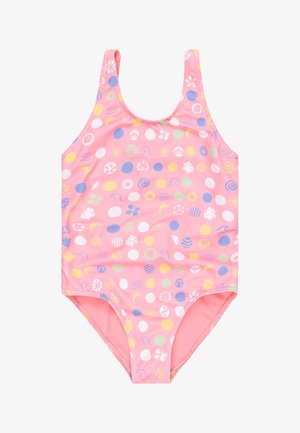 Costume da bagno intero rosa con motivi circolari e floreali multicolori. Caratterizzato da spalline larghe e un tessuto liscio e elasticizzato.