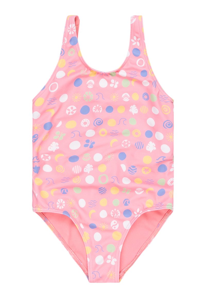 Roze badpak met meerkleurige cirkel- en bloemenpatronen. Heeft brede bandjes en een gladde, rekbare stof.