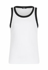 Canottiera bianca con colletto e armature a coste nere. Realizzata in un tessuto leggero e morbido. Design semplice, senza ulteriori motivi o decorazioni.