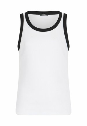 Bílý top bez rukávů s černým žeberkovým límečkem a armhole. Vyrobeno z hladkého, lehkého materiálu. Čistý design, bez dalších vzorů nebo ozdob.