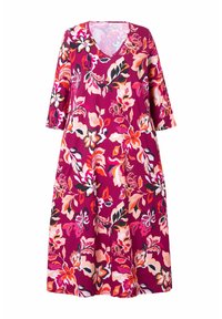 Vestido floral de cuello en V en púrpura con mangas cortas, que presenta una mezcla de flores en rosa, naranja y negro, fabricado con una tela ligera.