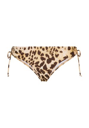 Bikinihose mit Leopardenmuster in Beige und Braun. Verfügt über verstellbare Seitenschnüre und eine glatte, strukturierte Oberfläche. Geeignet zum Schwimmen oder für den Strand.