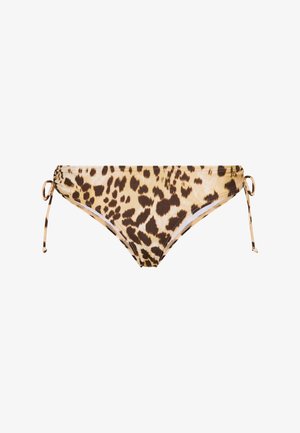 Bikinihose mit Leopardenmuster in Beige und Braun. Verfügt über verstellbare Seitenschnüre und eine glatte, strukturierte Oberfläche. Geeignet zum Schwimmen oder für den Strand.