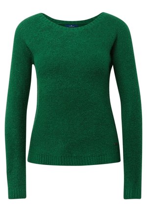 Pull en maille vert à manches longues avec un col rond et des poignets et ourlet côtelés, présenté sur fond blanc.